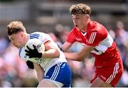 9 July 2023; Matthew Finn of Monaghan in action against James Sargent of Derry during the Electric Ireland GAA Football All-Ireland Minor Championship final match between Derry and Monaghan at Box-IT Athletic Grounds in Armagh. Photo by Ramsey Cardy/Sportsfile