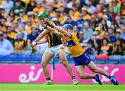 9 July 2023; Rory Hayes of Clare tries to block a shot by TJ Reid of Kilkenny during the GAA Hurling All-Ireland Senior Championship semi-final match between Kilkenny and Clare at Croke Park in Dublin. Photo by Ray McManus/Sportsfile