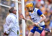 9 July 2023; Clare goalkeeper Eibhear Quilligan remonstrates with an umpire during the GAA Hurling All-Ireland Senior Championship semi-final match between Kilkenny and Clare at Croke Park in Dublin. Photo by Piaras Ó Mídheach/Sportsfile