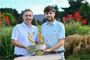 9 July 2023; Pictured is the winners of the All Ireland Father and Son John Cosgrove of Castle Golf Club, right, and his father, Peter Cosgrove, celebrate with the trophy after winning the 61st All Ireland Father & Sons Championship at Castle Golf Club in Rathfarnham, Dublin. Photo by Tyler Miller/Sportsfile