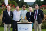 9 July 2023; Pictured is the winners of the All Ireland Father and Son John Cosgrove of Castle Golf Club, centre, and his father, Peter Cosgrove, second from left, with the trophy presented by Chairman of Father and Son, Michael O'Neill, left, Captain Frank O'Hare, right, and Captain Anna Mellotte after winning the 61st All Ireland Father & Sons Championship at Castle Golf Club in Rathfarnham, Dublin. Photo by Tyler Miller/Sportsfile