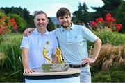 9 July 2023; Pictured is the winners of the All Ireland Father and Son John Cosgrove of Castle Golf Club, right, and his father, Peter Cosgrove, celebrate with the trophy after winning the 61st All Ireland Father & Sons Championship at Castle Golf Club in Rathfarnham, Dublin. Photo by Tyler Miller/Sportsfile