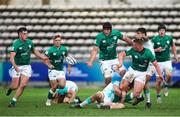 9 July 2023; Paddy McCarthy of Ireland, right, gets his pass away to Ireland captain Gus McCarthy, left, during the U20 Rugby World Cup semi-final match between Ireland and South Africa at Athlone Sports Stadium in Cape Town, South Africa. Photo by Shaun Roy/Sportsfile