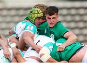 9 July 2023; Juann Else of South Africa, left, and Ireland captain Gus McCarthy during the U20 Rugby World Cup semi-final match between Ireland and South Africa at Athlone Sports Stadium in Cape Town, South Africa. Photo by Shaun Roy/Sportsfile