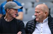 9 July 2023; Galway manager Henry Shefflin, left, in conversation with former Clare managr Ger Loughnane during the GAA Hurling All-Ireland Senior Championship semi-final match between Kilkenny and Clare at Croke Park in Dublin. Photo by Brendan Moran/Sportsfile