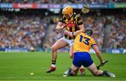 9 July 2023; Richie Reid of Kilkenny is tackled by Ian Galvin of Clare during the GAA Hurling All-Ireland Senior Championship semi-final match between Kilkenny and Clare at Croke Park in Dublin. Photo by Brendan Moran/Sportsfile