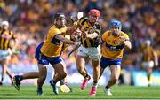 9 July 2023; Adrian Mullen of Kilkenny is tackled by Ian Galvin and Shane O'Donnell of Clare during the GAA Hurling All-Ireland Senior Championship semi-final match between Kilkenny and Clare at Croke Park in Dublin. Photo by Brendan Moran/Sportsfile