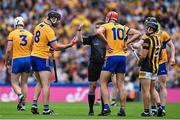 9 July 2023; Cathal Malone, 8, and Peter Duggan of Clare remonstrate with referee Colm Lyons after he blew the whistle to top the play and awarded them a free during the GAA Hurling All-Ireland Senior Championship semi-final match between Kilkenny and Clare at Croke Park in Dublin. Photo by Brendan Moran/Sportsfile