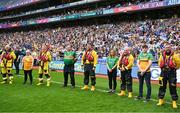 9 July 2023; Volunteer Lifeboat crew from around Ireland promote the RNLI’s drowning prevention partnership with the GAA on the pitch at the All-Ireland Senior Hurling semi-final in Croke Park, Dublin. The charity is sharing water safety advice with clubs and supporters throughout the country. Photo by Brendan Moran/Sportsfile