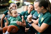 10 July 2023; Republic of Ireland's Marissa Sheva and Ciara Grant, right, with 15-month-old Elsie Lyons, from Brisbane, whose father David hails from Tralee, Kerry, at Brisbane, Australia, ahead of the start of the FIFA Women's World Cup 2023. Photo by Stephen McCarthy/Sportsfile