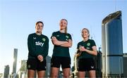 10 July 2023; Republic of Ireland players, from left, Niamh Fahey, Louise Quinn and Denise O'Sullivan pose for a photograph at River Quay Green South Bank in Brisbane, Australia, ahead of the start of the FIFA Women's World Cup 2023. Photo by Stephen McCarthy/Sportsfile