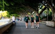 10 July 2023; Republic of Ireland players, from left, Niamh Fahey, Denise O'Sullivan and Louise Quinn during a walk along the South Bank in Brisbane, Australia, ahead of the start of the FIFA Women's World Cup 2023. Photo by Stephen McCarthy/Sportsfile