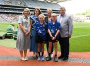 9 July 2023; The referees Leah Fegan, St Joseph's PS, Fernaloy Road, Madden, Armagh, and Referee Finnian Devlin, Our Lady's & St Mochua's PS, Derrynoose Road, Armagh, with Uachtarán an Cumann Camógaíochta Hilda Breslin, INTO President Dorothy McGinley, President of Cumann na mBunscol Mairéad O'Callaghan, and Chairman Munster council Ger Ryan, ahead of the GAA INTO Cumann na mBunscol Respect Exhibition Go Games at the GAA Hurling All-Ireland Senior Championship semi-final match between Kilkenny and Clare at Croke Park in Dublin. Photo by Daire Brennan/Sportsfile