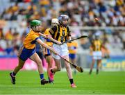 9 July 2023; Aoife Colbard, Gaelscoil Shliabh Rua Bóthar, Bhaile Uí Ógáin, Co Átha Cliath, representing Kilkenny is tackled by Avah Tooher, Coolderry NS, Coolderry, Offaly, representing Clare, during the GAA INTO Cumann na mBunscol Respect Exhibition Go Games at the GAA Hurling All-Ireland Senior Championship semi-final match between Kilkenny and Clare at Croke Park in Dublin. Photo by Ray McManus/Sportsfile