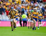 9 July 2023; Cara Giblin, Ardrahan NS, Ardrahan, Galway, representing Kilkenny, in action against Faye Buckley, Liscarroll NS, Mallow, Cork, representing Clare, during the GAA INTO Cumann na mBunscol Respect Exhibition Go Games at the GAA Hurling All-Ireland Senior Championship semi-final match between Kilkenny and Clare at Croke Park in Dublin. Photo by Ray McManus/Sportsfile