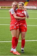 9 July 2023; Caitlin McGuinness, left, and Megan Copeland of Cliftonville celebrate after their side's victory in the Avenir Sports All-Island Cup semi-final match between Cliftonville and Cork City United at Solitude in Belfast. Photo by Stephen Marken/Sportsfile