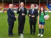 14 July 2023; Pictured at the launch of the Republic of Ireland women's national team commemorative coin are, from left, FAI President Gerry McAnaney, Minister of State at Department of Tourism, Culture, Arts, Gaeltacht, Sport and Media Thomas Byrne TD, Governor of the Central Bank of Ireland Gabriel Makhlouf, and Ellie O'Mahony, age 13, of Shelbourne, at Tolka Park in Dublin. Photo by Seb Daly/Sportsfile
