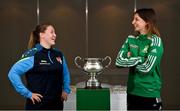 10 July 2023; Niamh Carroll of Terenure Rangers FC, left, and Bronagh Gallagher of Bonagee United FC pose for a portrait at a media conference at the FAI HQ in Dublin ahead of the FAI Women's Amateur Cup Final on Sunday next, 15 July in Eamonn Deasy Park in Galway. Photo by David Fitzgerald/Sportsfile