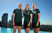 11 July 2023; Republic of Ireland players, from left, Courtney Brosnan, Lucy Quinn and Ruesha Littlejohn pose for a portrait at the Emporium Hotel South Bank in Brisbane, Australia, ahead of the start of the FIFA Women's World Cup 2023. Photo by Stephen McCarthy/Sportsfile