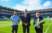 11 July 2023; Uachtarán Chumann Lúthchleas Gael Larry McCarthy, centre, with Colin O’Brien, Operations Executive, Croke Park, left, and Jimmy D’arcy, Youth Leadership & Sustainability Manager, GAA, pictured at the launch of ‘Sustainability Day’ which takes place at Croke Park this Saturday July 15th as part of the All-Ireland Football Semi Final and Tailteann Cup Final. Photo by Tyler Miller/Sportsfile