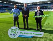 11 July 2023; Uachtarán Chumann Lúthchleas Gael Larry McCarthy, centre, with Colin O’Brien, Operations Executive, Croke Park, left, and Jimmy D’arcy, Youth Leadership & Sustainability Manager, GAA, pictured at the launch of ‘Sustainability Day’ which takes place at Croke Park this Saturday July 15th as part of the All-Ireland Football Semi Final and Tailteann Cup Final. Photo by Tyler Miller/Sportsfile
