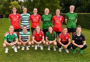 11 July 2023; Republic of Ireland women's players, who are current or former SSE Airtricity League of Ireland players, back row, from left, Chloe Mustaki, previously of Shelbourne; Áine O'Gorman, currently of Shamrock Rovers; Ciara Grant, previously of Shelbourne; Amber Barrett, previously of Peamount United; Jamie Finn, previously of Shelbourne; and Louise Quinn, previously of Peamount United; with, front row, Denise O'Sullivan, previously of Cork City; Abbie Larkin, currently of Shamrock Rovers; Izzy Atkinson, previously of Shelbourne; Heather Payne, previously of Peamount Untied; Katie McCabe, previously of Shelbourne; and Claire O'Riordan, previously of Wexford Youths, ahead of the start of the FIFA Women's World Cup 2023. Photo by Stephen McCarthy/Sportsfile