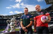 11 July 2023; Tailteann Cup glory for the taking! Former Meath player, Paddy O’Rourke, left, and former Down footballer, Conor Deegan pictured ahead of the 2023 Tailteann Cup Final which takes place this Saturday in Croke Park. The pair teamed up with AIB to look ahead to one of #TheToughest matches of the year between Down and Meath. For updates on the match, exclusive content and behind the scenes action from the Football Championship, follow AIB GAA on Facebook, Twitter and Instagram. Photo by Ramsey Cardy/Sportsfile