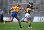 9 July 2023; Leyla Ahern, Scoil an Chroí Ró-Naofa, Urlingford, Kilkenny, representing Kilkenny, in action against Orna Savage, St Mary’s PS, Portaferry, Down, representing Clare, during the GAA INTO Cumann na mBunscol Respect Exhibition Go Games at the GAA Hurling All-Ireland Senior Championship semi-final match between Kilkenny and Clare at Croke Park in Dublin. Photo by Piaras Ó Mídheach/Sportsfile
