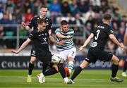 11 July 2023; Dylan Watts of Shamrock Rovers has a shot on goal despite the attention of Breidablik players, from left, Gísli Eyjófsson Viktor Orn Margeirsson and Oliver Sigurjónsson of Breidablik during the UEFA Champions League First Qualifying Round 1st Leg match between Shamrock Rovers and Breidablik at Tallaght Stadium in Dublin. Photo by Ben McShane/Sportsfile