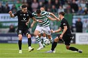 11 July 2023; Gary O'Neill of Shamrock Rovers is tackled by Kristinn Steindórsson, left, and Viktor Karl Einarsson of Breidablik during the UEFA Champions League First Qualifying Round 1st Leg match between Shamrock Rovers and Breidablik at Tallaght Stadium in Dublin. Photo by Ben McShane/Sportsfile