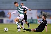 11 July 2023; Johnny Kenny of Shamrock Rovers is tackled by Arnór Adalsteinsson of Breidablik during the UEFA Champions League First Qualifying Round 1st Leg match between Shamrock Rovers and Breidablik at Tallaght Stadium in Dublin. Photo by Ben McShane/Sportsfile