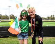 12 July 2023; Manager Vera Pauw with Abbey Devitt, age 11, from Bisbane, whose family hail from Ennis, Clare, before a Republic of Ireland open training session at Meakin Park in Brisbane, Australia, ahead of the start of the FIFA Women's World Cup 2023. Photo by Stephen McCarthy/Sportsfile