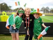 12 July 2023; Manager Vera Pauw with Abbey, age 11, and Alex Devitt, age 7, from Bisbane, whose family hail from Ennis, Clare, before a Republic of Ireland open training session at Meakin Park in Brisbane, Australia, ahead of the start of the FIFA Women's World Cup 2023. Photo by Stephen McCarthy/Sportsfile