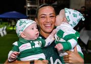 12 July 2023; Katie McCabe with 6-month-old twins Finín, right, and Meadhbh Murphy, from Brisbane, whose mother Amy Barrett, hails from Mallow, Cork, after a Republic of Ireland open training session at Meakin Park in Brisbane, Australia, ahead of the start of the FIFA Women's World Cup 2023. Photo by Stephen McCarthy/Sportsfile