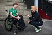 12 July 2023; Manager Vera Pauw with Republic of Ireland supporter Sean Senbel-Lynch, from Brisbane, whose father originally hails from Ballybough, Dublin, before a Republic of Ireland open training session at Meakin Park in Brisbane, Australia, ahead of the start of the FIFA Women's World Cup 2023. Photo by Stephen McCarthy/Sportsfile