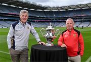 12 July 2023; Meath manager Colm O'Rourke, left, and Down selector Mickey Donnelly during the 2023 Tailteann Cup Pre-Final media event at Croke Park in Dublin. Photo by Piaras Ó Mídheach/Sportsfile