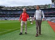 12 July 2023; Meath manager Colm O'Rourke, right, and Down selector Mickey Donnelly during the 2023 Tailteann Cup Pre-Final media event at Croke Park in Dublin. Photo by Piaras Ó Mídheach/Sportsfile