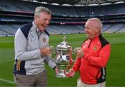 12 July 2023; Meath manager Colm O'Rourke, left, and Down selector Mickey Donnelly during the 2023 Tailteann Cup Pre-Final media event at Croke Park in Dublin. Photo by Piaras Ó Mídheach/Sportsfile