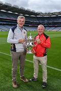 12 July 2023; Meath manager Colm O'Rourke, left, and Down selector Mickey Donnelly during the 2023 Tailteann Cup Pre-Final media event at Croke Park in Dublin. Photo by Piaras Ó Mídheach/Sportsfile