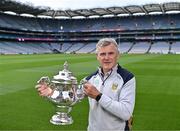 12 July 2023; Meath manager Colm O'Rourke with the cup during the 2023 Tailteann Cup Pre-Final media event at Croke Park in Dublin. Photo by Piaras Ó Mídheach/Sportsfile