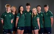 13 July 2023; Swimmers, from left, Sean Donnellan, Ava Jones, Gene Smith, Niamh Connery and Denis O'Brien, with coaches Sinead Donagher and Mikey McCarthy during a Team Ireland portrait session at the Olympic Federation of Ireland offices ahead of the 2023 Summer European Youth Olympic Festival, which takes place from 23rd to 29th July in Maribor, Slovenia. The Olympic Federation will have a team of 44 youth athletes competing across five sports at the multi-sport event. Photo by Brendan Moran/Sportsfile