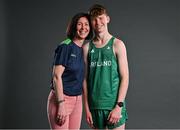 13 July 2023; Race walker Seamus Clarke with his mother, Olympian Deirdre Gallagher, who competed for Ireland at the 1996 Atlanta Olympics in race walking, during a Team Ireland portrait session at the Olympic Federation of Ireland offices ahead of the 2023 Summer European Youth Olympic Festival, which takes place from 23rd to 29th July in Maribor, Slovenia. The Olympic Federation will have a team of 44 youth athletes competing across five sports at the multi-sport event. Photo by Brendan Moran/Sportsfile