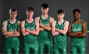 13 July 2023; The boys relay team, from left, Michael Kent, Jason O'Reilly, David Davitt, Donal Martin and Jesse Osas during a Team Ireland portrait session at the Olympic Federation of Ireland offices ahead of the 2023 Summer European Youth Olympic Festival, which takes place from 23rd to 29th July in Maribor, Slovenia. The Olympic Federation will have a team of 44 youth athletes competing across five sports at the multi-sport event. Photo by Brendan Moran/Sportsfile