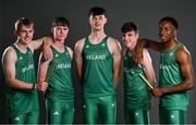 13 July 2023; The boys relay team, from left, Michael Kent, Jason O'Reilly, David Davitt, Donal Martin and Jesse Osas during a Team Ireland portrait session at the Olympic Federation of Ireland offices ahead of the 2023 Summer European Youth Olympic Festival, which takes place from 23rd to 29th July in Maribor, Slovenia. The Olympic Federation will have a team of 44 youth athletes competing across five sports at the multi-sport event. Photo by Brendan Moran/Sportsfile
