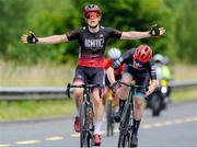 12 July 2023; Hudson Lubbers of Canada, celebrates after winning stage two of the 2023 Junior Tour Of Ireland in Clare. Photo by Stephen McMahon/Sportsfile