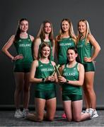 13 July 2023; The girls relay team, back from left, Veronica O'Neill, Katie Doherty, Hollie Kilroe and Leila Colfer with front, from left, Saoirse Fitzgerald and Amy-Jo Kieran during a Team Ireland portrait session at the Olympic Federation of Ireland offices ahead of the 2023 Summer European Youth Olympic Festival, which takes place from 23rd to 29th July in Maribor, Slovenia. The Olympic Federation will have a team of 44 youth athletes competing across five sports at the multi-sport event. Photo by Brendan Moran/Sportsfile