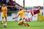 12 July 2023; Chris Forrester of St Patrick's Athletic is tackled by Edis Agovic of F91 Diddeleng during the UEFA Europa Conference League First Qualifying Round 1st Leg match between F91 Diddeleng and St Patrick's Athletic at Stade Jos Nosbaum in Dudelange, Luxembourg. Photo by Gerry Schmit/Sportsfile