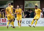 12 July 2023; Yahcuroo Roemer of F91 Diddeleng celebrates with teammates, from left, Vincent Decker, Ismael Sidibe, and Samir Hadji after scoring their side's second goal during the UEFA Europa Conference League First Qualifying Round 1st Leg match between F91 Diddeleng and St Patrick's Athletic at Stade Jos Nosbaum in Dudelange, Luxembourg. Photo by Gerry Schmit/Sportsfile