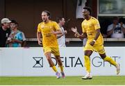 12 July 2023; Yahcuroo Roemer of F91 Diddeleng, right, celebrates with teammate Oege Sietse Van Lingen after scoring their side's second goal during the UEFA Europa Conference League First Qualifying Round 1st Leg match between F91 Diddeleng and St Patrick's Athletic at Stade Jos Nosbaum in Dudelange, Luxembourg. Photo by Gerry Schmit/Sportsfile