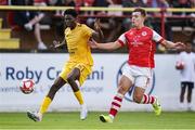 12 July 2023; Tommy Lonergan of St Patrick's Athletic in action against Ismael Sidibe of F91 Diddeleng during the UEFA Europa Conference League First Qualifying Round 1st Leg match between F91 Diddeleng and St Patrick's Athletic at Stade Jos Nosbaum in Dudelange, Luxembourg. Photo by Gerry Schmit/Sportsfile